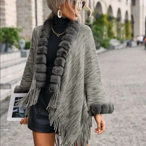 New Elegant Fringe Trim Batwing Sleeve Cardigan - Picture 1 of 5